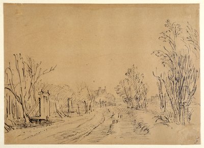 Egy főút, amely fákon keresztül vezet egy házhoz (két híd és a Dijk kapuja) (toll és tinta barna papíron) alkotó: Rembrandt Harmensz. van Rijn