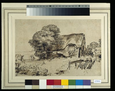 Nádfedeles házikó egy nagy fa mellett, kint ülő alak, 1648-52 körül (toll és tinta papíron) alkotó: Rembrandt Harmensz. van Rijn