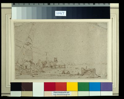 Egy szélmalom és egy házcsoport, 1652-53 körül (nád toll és tinta mosás papíron) alkotó: Rembrandt Harmensz. van Rijn