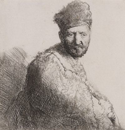 Szakállas férfi bundás keleti sapkában és köntösben alkotó: Rembrandt van Rijn