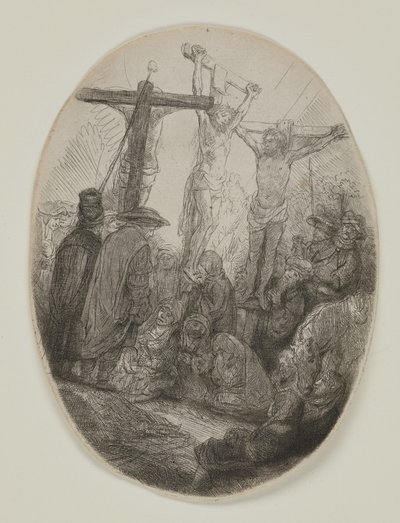 Krisztus két tolvaj között keresztre feszítve: Egy ovális tányér, 1641 körül (rézkarc és szárazhús) alkotó: Rembrandt van Rijn