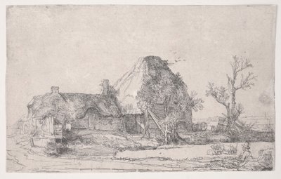 Víkendház és tanyaépületek egy ember vázlatával, 1645 körül (rézkarc) alkotó: Rembrandt van Rijn