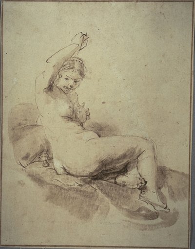 Fekvő női akt felemelt karral, 1665 körül (tollal és barna tintával és ecsettel és barna mosással, barna színű papíron) alkotó: Rembrandt Harmensz. van Rijn