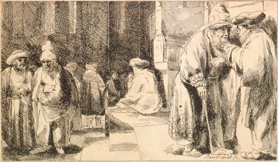 ""Juifs a la synagogue"" (Zsidók a zsinagógában) Rembrandt van Rhijn (1606-1669) metszete - 1648 Méret: 7,6x13 cm Zsidó Múzeum, New York alkotó: Rembrandt van Rijn
