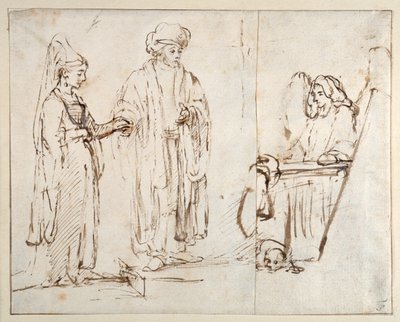 Lábán elviszi Leát Jákobhoz, Jákóbot pedig egy másik rajz töredéke fedi le; egy angyal kutyával a lába előtt alkotó: Rembrandt Harmensz. van Rijn