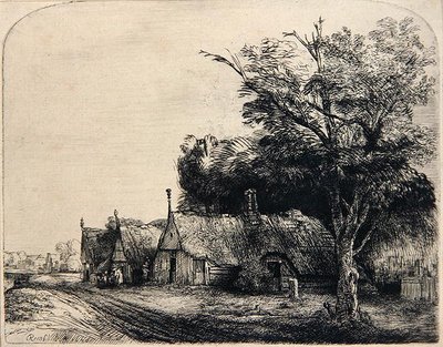 Táj három kunyhóval (rézkarc) alkotó: Rembrandt Harmensz. van Rijn