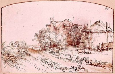 Táj kunyhóval és szénapajta alkotó: Rembrandt Harmensz. van Rijn