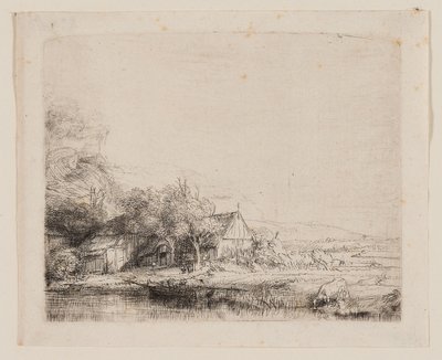 Táj ivó tehénnel, 1650 körül (rézkarc és szárazhús elefántcsontból kirakott papíron) alkotó: Rembrandt Harmensz. van Rijn