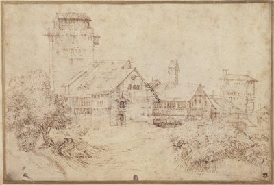 Táj épületekkel és szerelmesekkel, ölelkező, Tizian után (toll és barna tinta piros krétával a papíron) alkotó: Rembrandt Harmensz. van Rijn