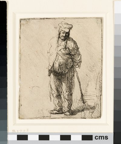 Rongyos paraszt, kezével a háta mögött, bottal, 1630 körül (rézkarc) alkotó: Rembrandt van Rijn