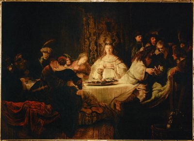 Sámson találós kérdést tesz fel a lakodalomban (olaj, vászon) alkotó: Rembrandt Harmensz. van Rijn