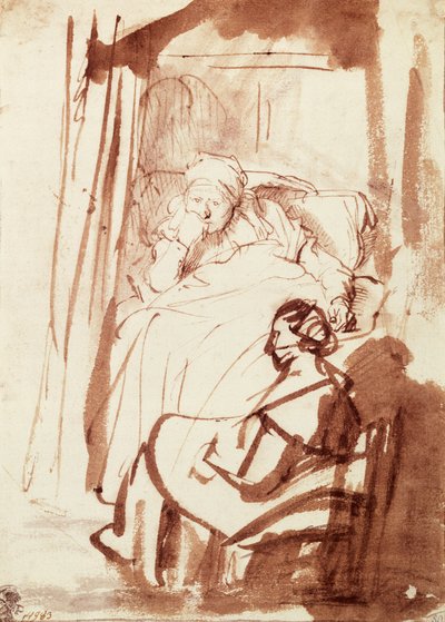 Saskia az ágyban fekszik, egy nő ül a lábánál alkotó: Rembrandt Harmensz. van Rijn