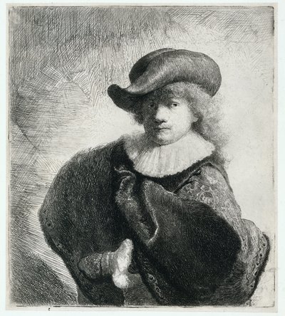 Önarckép puha kalapban és mintás köpenyben alkotó: Rembrandt Harmensz. van Rijn