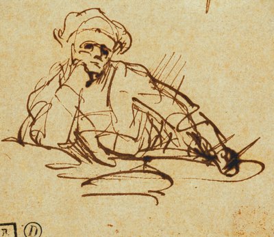 Tanulmány egy íróról, ülve, elgondolkodva, alkotó: Rembrandt van Rijn
