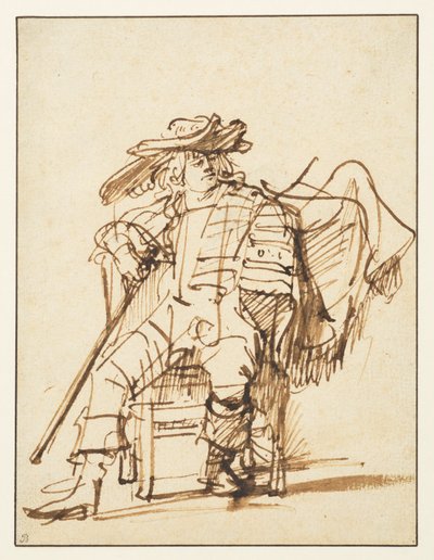 Tanulmány egy tollas kalapban ülő színészről – Capitano, a Commedia dell"Arte, recto, 1636-1638 körül alkotó: Rembrandt van Rijn