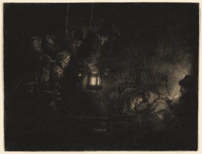 A Pásztorok imádása: Éjszakai darab, 1657 körül (rézkarc, szárazhús és feketével való temetés elefántcsontból kirakott papírra) alkotó: Rembrandt Harmensz. van Rijn