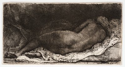 A meztelen nő, fenekével a szélben alszik, alkotó: Rembrandt Harmensz. van Rijn