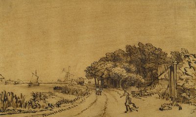 Kilátás az Amstelre: az Amsteldijk útja Trompenburgba vezet, 1649-50 körül (toll és tinta barna mosással és fehér testszín papíron) alkotó: Rembrandt Harmensz. van Rijn