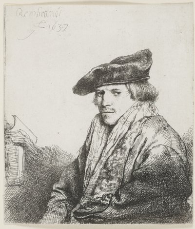 Fiatal férfi bársonysapkában, mellette könyvek alkotó: Rembrandt van Rijn