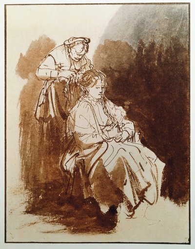 Fiatal nő a WC-nél. Egy vénlány haja. (Tintarajz, 1635 körül) alkotó: Rembrandt van Rijn