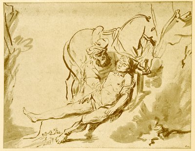 Az irgalmas szamaritánus a sebesülteket vizsgálja alkotó: Rembrandt van Rijn