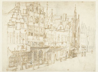 Kilátás egy házsorra a városban alkotó: Rembrandt van Rijn (school of)