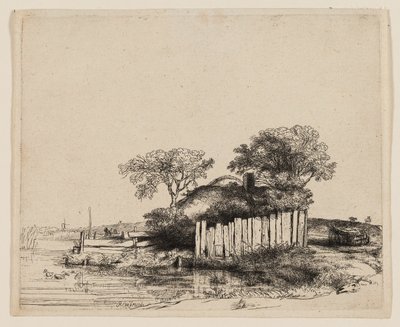 Egy kunyhó fehér sápadtsággal alkotó: Rembrandt van Rijn
