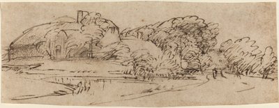 Táj farm épületekkel a fák között alkotó: Rembrandt van Rijn