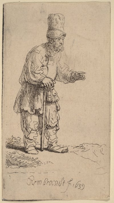 Egy magas sapkás paraszt, aki egy botra támaszkodva áll alkotó: Rembrandt van Rijn