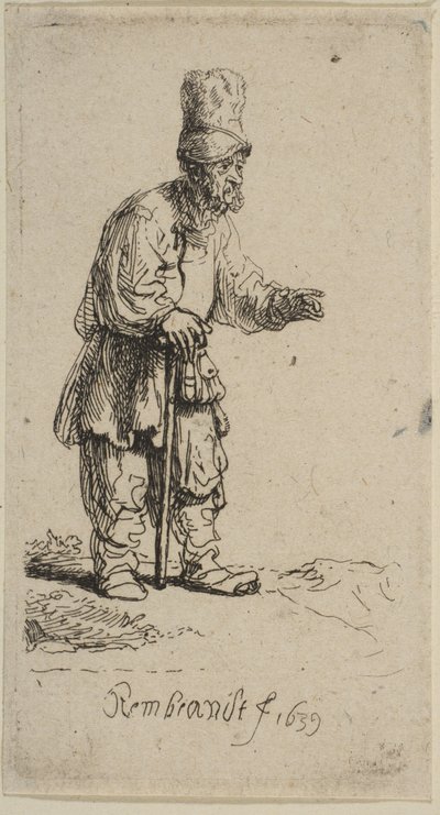 Magas sapkás paraszt, botra támaszkodva, 1639. alkotó: Rembrandt van Rijn