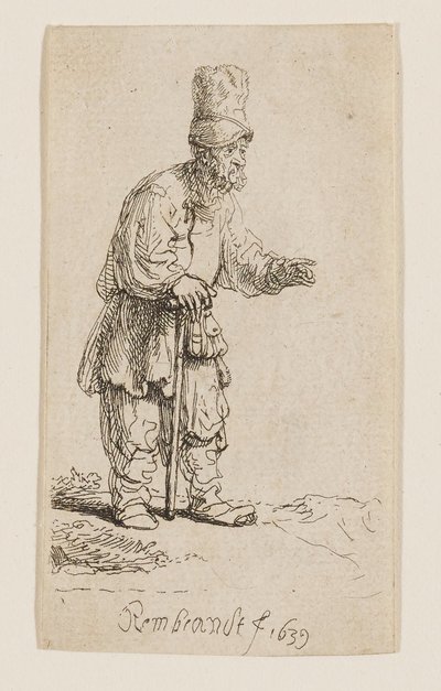 Magas sapkás paraszt, állva és botra támaszkodva alkotó: Rembrandt van Rijn