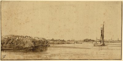 Vitorlás hajó széles vízen, 1650 körül (toll, barna tinta és barna tus, színezett papíron) alkotó: Rembrandt van Rijn