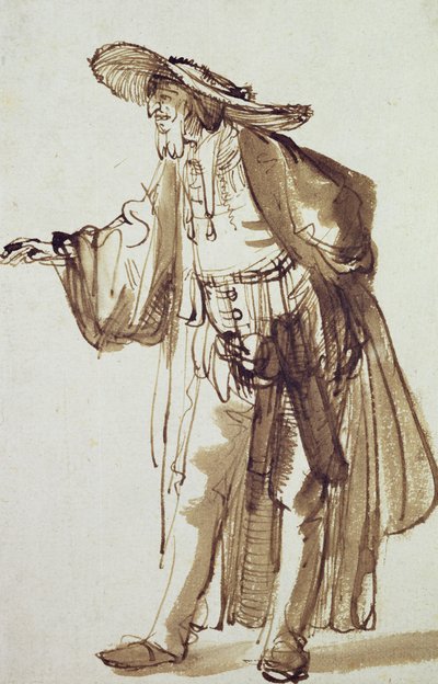 Színész széles karimájú kalappal (toll és tinta mosás papíron) alkotó: Rembrandt van Rijn