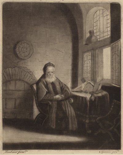 Egy idős szakállas filozófus ül az íróasztalnál az ablak előtt alkotó: Rembrandt van Rijn
