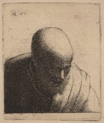 Kopasz férfi, nyitott szájjal, lefelé nézve alkotó: Rembrandt van Rijn