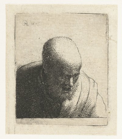 Nyitott szájú kopasz férfi, lefelé nézve: mellszobor alkotó: Rembrandt van Rijn