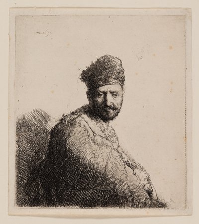 Szakállas férfi, bundás keleti sapkában és köntösben alkotó: Rembrandt van Rijn