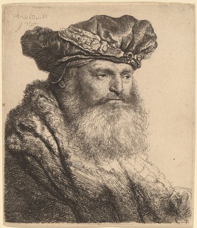 Szakállas férfi bársonysapkában, ékszercsattal alkotó: Rembrandt van Rijn