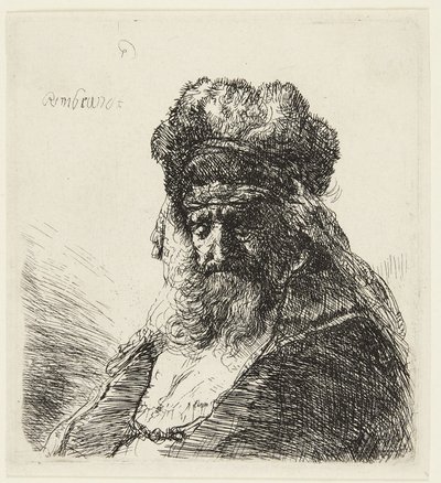 Sakállas öregember magas szőrme sapkában, csukott szemmel alkotó: Rembrandt van Rijn