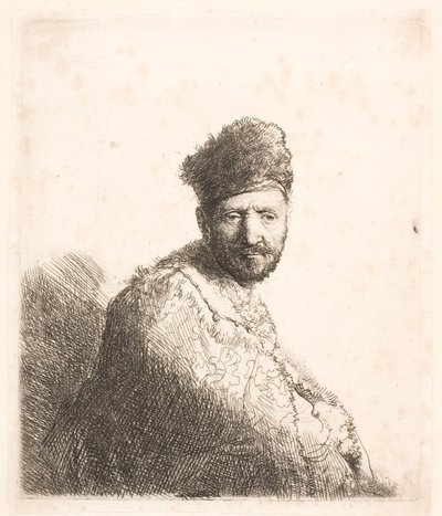 Szakállas férfi (Rembrandt apja) szőrme díszítésű keleti sapkában és köntösben: félalakos alkotó: Rembrandt van Rijn