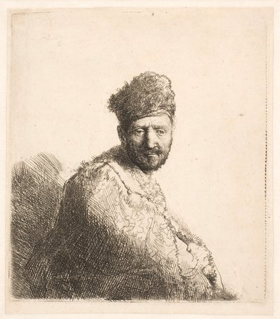 Szakállas férfi (Rembrandt apja) szőrme díszítésű keleti sapkában és köntösben: félalakos alkotó: Rembrandt van Rijn