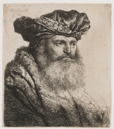 Szakállas férfi bársonysapkában, ékszercsattal alkotó: Rembrandt van Rijn