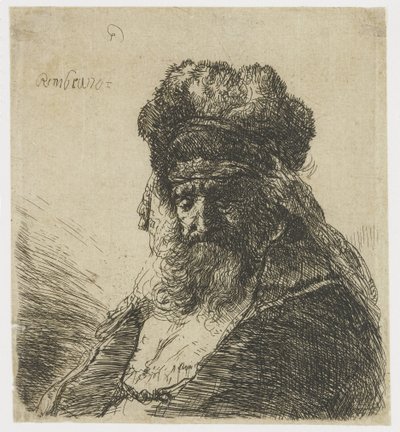 Szakállas öregember magas szőrsapkában, csukott szemmel alkotó: Rembrandt van Rijn