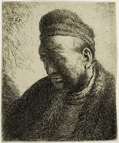 Szakállatlan férfi szőrmeköpennyel és sapkában: mell alkotó: Rembrandt van Rijn