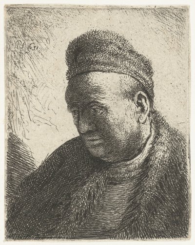 Szakállatlan férfi prémes köpenyben és sapkában: mellszobor alkotó: Rembrandt van Rijn