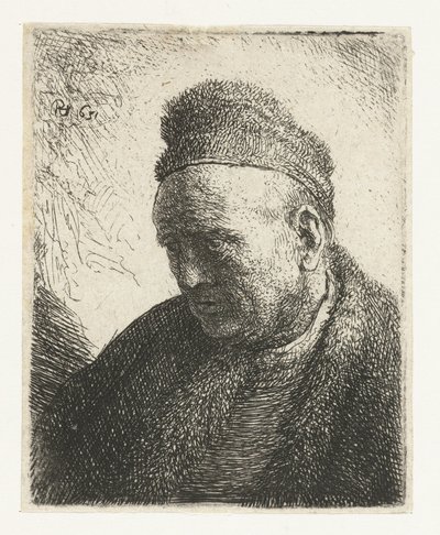 Szakállatlan férfi prémes köpenyben és sapkában: mellszobor alkotó: Rembrandt van Rijn