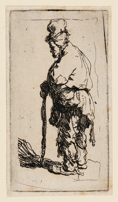 Koldus egy botra támaszkodva, balra fordulva alkotó: Rembrandt van Rijn