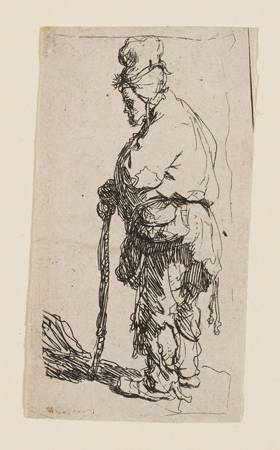Botra támaszkodó, balra néző koldus alkotó: Rembrandt van Rijn