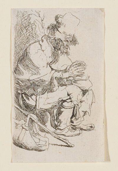 Ülő koldus, aki egy parázstartónál melegíti a kezét alkotó: Rembrandt van Rijn