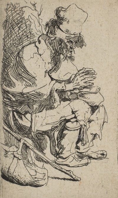 Koldus ül, és kezét melegíti egy dörzsölt edénynél, kb. 1630., kb. 1630. alkotó: Rembrandt van Rijn
